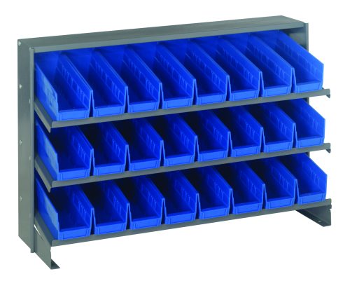 The Quantum Pick Rack, featuring a sloped bench style design, measures 12.5L x 36W x 23H and offers three shelves with a total capacity of 250 lbs. It includes 24 Qsb101 blue bins for easy front access, set against a plain white background.