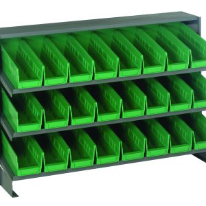 The Quantum Pick Rack is a bench-style, sloped shelving unit with three shelves holding 24 QSB101 green bins, each with a capacity of 250 lbs. The open-front design allows easy access for organizing small items in workshops or garages. Dimensions: 12-1/2L x 36W x 23H.