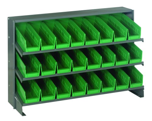 The Quantum Pick Rack is a bench-style, sloped shelving unit with three shelves holding 24 QSB101 green bins, each with a capacity of 250 lbs. The open-front design allows easy access for organizing small items in workshops or garages. Dimensions: 12-1/2L x 36W x 23H.