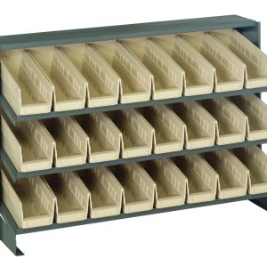 The Quantum Pick Rack is a bench-style unit with dimensions of 12-1/2L x 36W x 23H, featuring three shelves and includes sloped display for easy access to its 24 QSB101 ivory bins, perfect for storage and organization needs.
