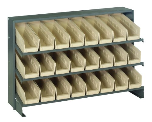 The Quantum Pick Rack is a bench-style unit with dimensions of 12-1/2L x 36W x 23H, featuring three shelves and includes sloped display for easy access to its 24 QSB101 ivory bins, perfect for storage and organization needs.