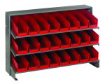The Quantum Pick Rack features a bench-style sloped design with three shelves, each holding up to 250 lbs. It includes 24 Qsb101 red bins for easy organization of small parts or tools, offering effortless retrieval from each shelf. Dimensions: 12-1/2L x 36W x 23H.