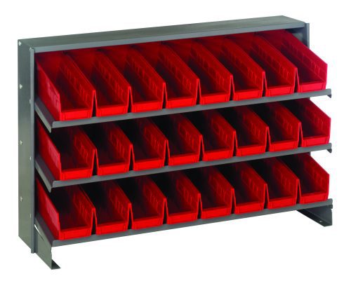 The Quantum Pick Rack features a bench-style sloped design with three shelves, each holding up to 250 lbs. It includes 24 Qsb101 red bins for easy organization of small parts or tools, offering effortless retrieval from each shelf. Dimensions: 12-1/2L x 36W x 23H.
