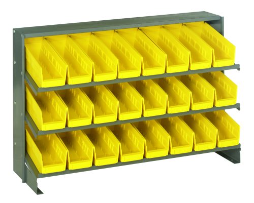 The Quantum Pick Rack is a sloped, bench-style organizer with a 12-1/2L x 36W x 23H frame and (3) shelves, holding up to 250 lbs. It includes (24) Qsb101 yellow bins open at the front, perfect for organizing small items with its sturdy, industrial design.