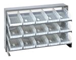 The Quantum Pick Rack is a bench-style, sloped metal unit measuring 12-1/2L x 36W x 23H with three shelves. It includes 15 QSB102 clear bins and supports up to 250 lbs., offering organized storage with easy access through slightly tilted bins.