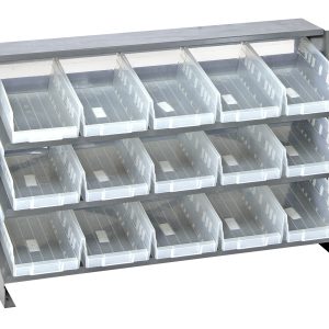 The Quantum Pick Rack is a bench-style, sloped metal unit measuring 12-1/2L x 36W x 23H with three shelves. It includes 15 QSB102 clear bins and supports up to 250 lbs., offering organized storage with easy access through slightly tilted bins.