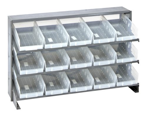 The Quantum Pick Rack is a bench-style, sloped metal unit measuring 12-1/2L x 36W x 23H with three shelves. It includes 15 QSB102 clear bins and supports up to 250 lbs., offering organized storage with easy access through slightly tilted bins.