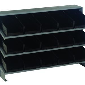 Introducing the Quantum Pick Rack, a metal storage solution with a sloped, bench-style design featuring three shelves and 15 black Qsb102 bins with open fronts. Perfect for organizing small parts or tools efficiently, this rack measures 12-1/2L x 36W x 23H and has a 250 lbs. capacity.