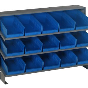 The Quantum Pick Rack bench-style unit, measuring 12-1/2L x 36W x 23H, holds up to 250 lbs. and includes three shelves equipped with fifteen QSB102 blue bins for easy access storage.