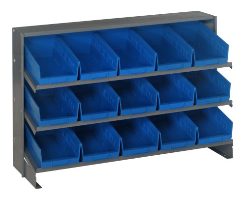 QPRHA-102_BL.jpg The Quantum Pick Rack bench-style unit, measuring 12-1/2L x 36W x 23H, holds up to 250 lbs. and includes three shelves equipped with fifteen QSB102 blue bins for easy access storage.