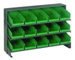 The Quantum Pick Rack is a sturdy, bench-style metal storage rack with dimensions 12-1/2L x 36W x 23H. It has (3) shelves and includes (15) forward-sloped open-top QSB102 green bins, perfect for organizing small items. Total capacity is 250 lbs.