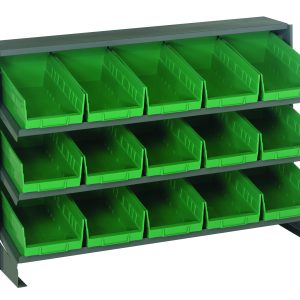 The Quantum Pick Rack is a sturdy, bench-style metal storage rack with dimensions 12-1/2L x 36W x 23H. It has (3) shelves and includes (15) forward-sloped open-top QSB102 green bins, perfect for organizing small items. Total capacity is 250 lbs.