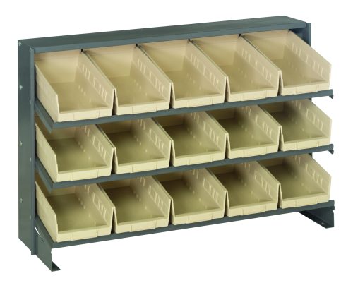 Introducing the Quantum Pick Rack: a sloped, bench-style metal storage unit with a 3-shelf configuration. Each shelf holds five ivory QSB102 bins, open at the front for easy access, ideal for efficiently organizing small items or parts. Dimensions: 12-1/2L x 36W x 23H; capacity: 250 lbs.