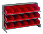 The Quantum Pick Rack, a bench-style metal storage rack, features a sloped design with three horizontal shelves that hold 15 red Qsb102 plastic bins arranged in three rows of five. Each bin measures 12-1/2L x 36W x 23H and is angled forward for easy access.