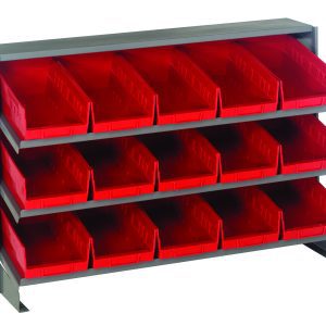 The Quantum Pick Rack, a bench-style metal storage rack, features a sloped design with three horizontal shelves that hold 15 red Qsb102 plastic bins arranged in three rows of five. Each bin measures 12-1/2L x 36W x 23H and is angled forward for easy access.
