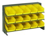 The Quantum Pick Rack features a bench-style setup with three shelves and 15 QSB102 yellow bins. Its sloped open fronts allow easy access, and it holds up to 250 lbs. The design pops against a plain white backdrop, measuring 12-1/2L x 36W x 23H.