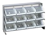 The Quantum Pick Rack features a sloped bench style with 3 shelves, measuring 12-1/2”L x 36”W x 23”H and has a robust 250 lbs. capacity. It includes 12 QSB107 clear plastic bins on three rows, each labeled in white for neat storage solutions.