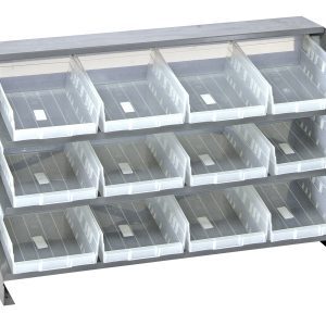 The Quantum Pick Rack features a sloped bench style with 3 shelves, measuring 12-1/2”L x 36”W x 23”H and has a robust 250 lbs. capacity. It includes 12 QSB107 clear plastic bins on three rows, each labeled in white for neat storage solutions.