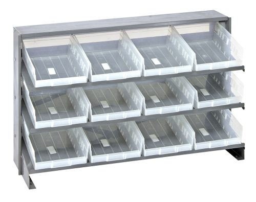 QPRHA-107CL.jpg The Quantum Pick Rack features a sloped bench style with 3 shelves, measuring 12-1/2”L x 36”W x 23”H and has a robust 250 lbs. capacity. It includes 12 QSB107 clear plastic bins on three rows, each labeled in white for neat storage solutions.