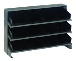 The Quantum Pick Rack features slopped, bench-style shelving with a 12-1/2L x 36W x 23H configuration. It has three shelves supporting up to 250 lbs and includes (12) QSB107 black bins for organizing small items.