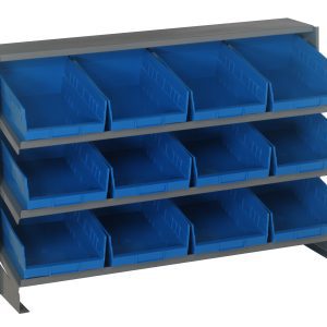 The Quantum Pick Rack features a sloped, bench-style design with a three-shelf configuration. Each shelf holds four QSB107 blue bins, open at the top and front for easy access. Set against a white backdrop, it combines practicality with visual appeal and has a 250 lbs capacity.
