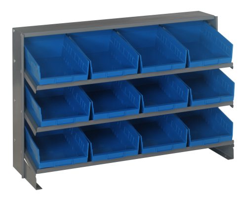 QPRHA-107_BL.jpg The Quantum Pick Rack features a sloped, bench-style design with a three-shelf configuration. Each shelf holds four QSB107 blue bins, open at the top and front for easy access. Set against a white backdrop, it combines practicality with visual appeal and has a 250 lbs capacity.