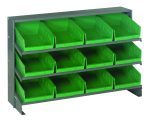 The Quantum Pick Rack is a sloped, bench-style rack featuring a metal frame with three shelves and twelve QSB107 bright green open-front bins. Each bin measures 12-1/2L x 36W x 23H and can hold up to 250 lbs., providing easy access for organizing tools or small parts.