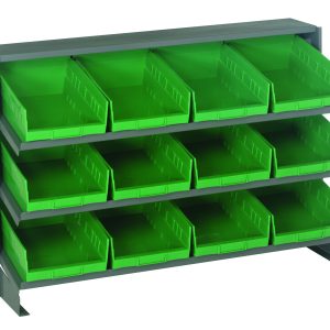 The Quantum Pick Rack is a sloped, bench-style rack featuring a metal frame with three shelves and twelve QSB107 bright green open-front bins. Each bin measures 12-1/2L x 36W x 23H and can hold up to 250 lbs., providing easy access for organizing tools or small parts.
