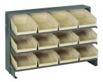 The Quantum Pick Rack, with a 3-shelf configuration and 250 lbs. capacity, features 12 ivory bins in three sloped rows, perfect for efficient small item organization thanks to its easy-access open fronts. Dimensions: 12-1/2L x 36W x 23H.