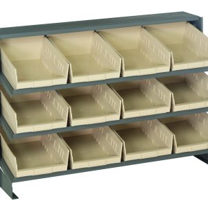 The Quantum Pick Rack, with a 3-shelf configuration and 250 lbs. capacity, features 12 ivory bins in three sloped rows, perfect for efficient small item organization thanks to its easy-access open fronts. Dimensions: 12-1/2L x 36W x 23H.