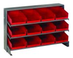 The Quantum Pick Rack is a sloped, bench-style organizer with three shelves measuring 12-1/2L x 36W x 23H, holding twelve Qsb107 red bins. It supports a total of 250 lbs., featuring a practical design for organizing small parts or tools with a 3x4 bin grid layout.