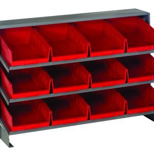 The Quantum Pick Rack is a sloped, bench-style organizer with three shelves measuring 12-1/2L x 36W x 23H, holding twelve Qsb107 red bins. It supports a total of 250 lbs., featuring a practical design for organizing small parts or tools with a 3x4 bin grid layout.