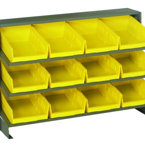 The Quantum Pick Rack is a bench-style metal rack with a 250 lbs. capacity, featuring 3 sloped shelves and 12 yellow QSB107 bins for easy access. Measuring 12-1/2L x 36W x 23H, it is perfect for organizing small parts or tools in any workshop or garage.