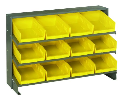 The Quantum Pick Rack is a bench-style metal rack with a 250 lbs. capacity, featuring 3 sloped shelves and 12 yellow QSB107 bins for easy access. Measuring 12-1/2L x 36W x 23H, it is perfect for organizing small parts or tools in any workshop or garage.