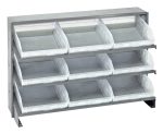 Meet the Quantum Pick Rack, a sloped, bench-style shelf with dimensions of 12-1/2L x 36W x 23H. It features three shelves and includes nine clear Qsb109 bins for efficient organization and storage, supporting up to 250 lbs.