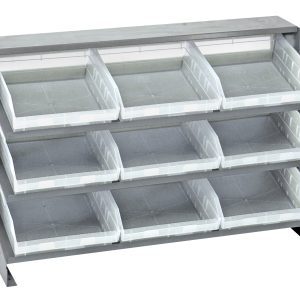 Meet the Quantum Pick Rack, a sloped, bench-style shelf with dimensions of 12-1/2L x 36W x 23H. It features three shelves and includes nine clear Qsb109 bins for efficient organization and storage, supporting up to 250 lbs.