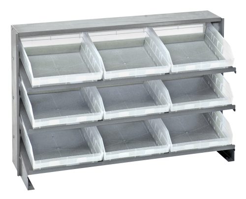 Meet the Quantum Pick Rack, a sloped, bench-style shelf with dimensions of 12-1/2L x 36W x 23H. It features three shelves and includes nine clear Qsb109 bins for efficient organization and storage, supporting up to 250 lbs.