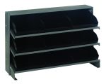 The Quantum Pick Rack is a lightweight, free-standing, bench-style rack with three sloped shelves, measuring 12-1/2L x 36W x 23H. It includes nine Qsb109 black bins angled forward for easy access and can hold up to 250 lbs, ideal for organizing small items.