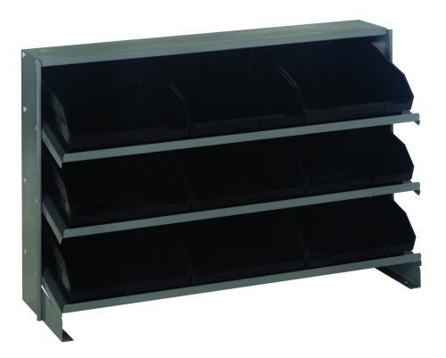 QPRHA-109_BK.jpg The Quantum Pick Rack is a lightweight, free-standing, bench-style rack with three sloped shelves, measuring 12-1/2L x 36W x 23H. It includes nine Qsb109 black bins angled forward for easy access and can hold up to 250 lbs, ideal for organizing small items.