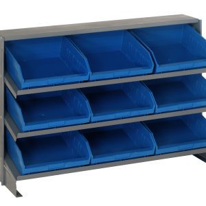 The Quantum Pick Rack features three sloped shelves, each measuring 12-1/2L x 36W x 23H, with nine forward-facing QSB109 blue bins (3 per row), ideal for organizing small items. It has a bench style and a capacity of 250 lbs.
