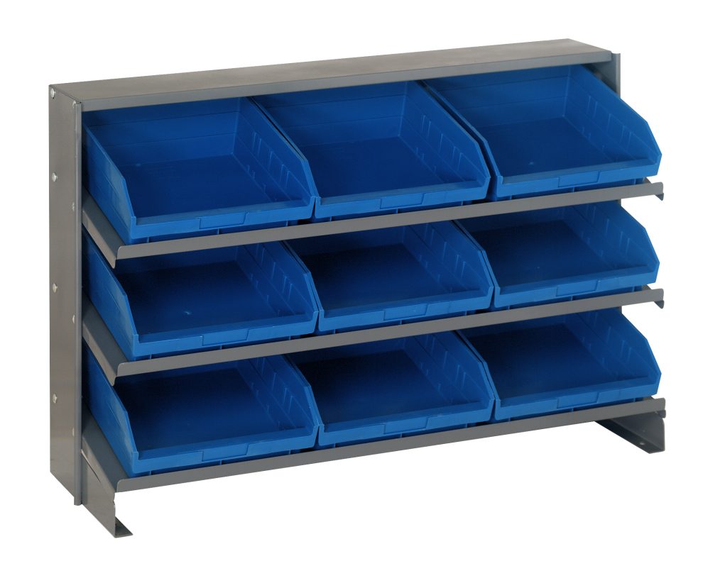 Low bench pick rack with three sloped shelves of blue open-front shelf bins