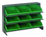The Quantum Pick Rack, with a slopped bench style design measuring 12-1/2L x 36W x 23H, features three shelves with nine green QSB109 bins for easy access. It can hold up to 250 lbs, making it ideal for efficiently organizing tools or small parts.