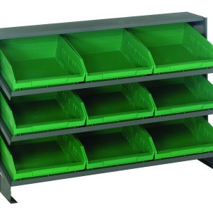The Quantum Pick Rack, with a slopped bench style design measuring 12-1/2L x 36W x 23H, features three shelves with nine green QSB109 bins for easy access. It can hold up to 250 lbs, making it ideal for efficiently organizing tools or small parts.