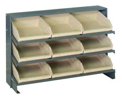 The Quantum Pick Rack, a bench-style unit measuring 12-1/2L x 36W x 23H, supports up to 250 lbs. It features a sloped (3) shelves configuration with (9) open-topped ivory Qsb109 bins for easy access and efficient storage or organization of small items.