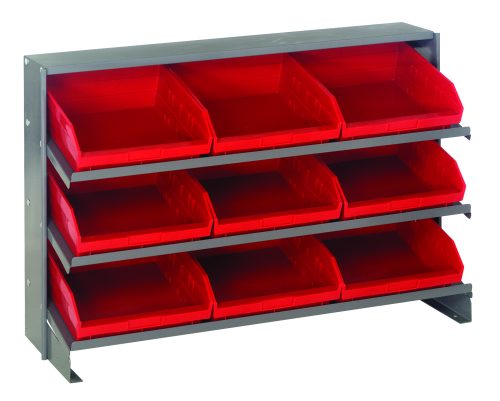 The Quantum Pick Rack, measuring 12-1/2L x 36W x 23H, is bench style with a sloped design featuring three shelves that hold nine Qsb109 red bins. Each open-front bin tilts slightly forward for efficient organization of small parts or tools.