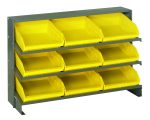 The Quantum Pick Rack, gray and bench style, features a slopped three-shelves configuration with nine open-front Qsb109 yellow bins for easy access. Its ideal for organizing small items effortlessly and has a capacity of 250 lbs., measuring 12-1/2L x 36W x 23H.
