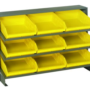 The Quantum Pick Rack, gray and bench style, features a slopped three-shelves configuration with nine open-front Qsb109 yellow bins for easy access. Its ideal for organizing small items effortlessly and has a capacity of 250 lbs., measuring 12-1/2L x 36W x 23H.