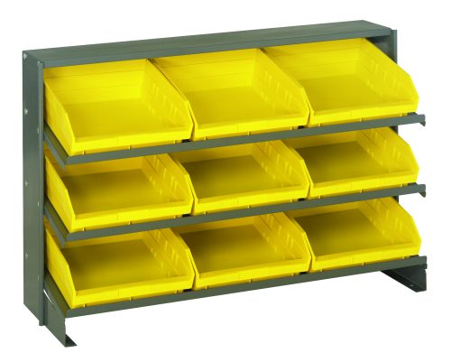 The Quantum Pick Rack, gray and bench style, features a slopped three-shelves configuration with nine open-front Qsb109 yellow bins for easy access. Its ideal for organizing small items effortlessly and has a capacity of 250 lbs., measuring 12-1/2L x 36W x 23H.