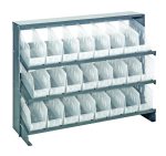 The Quantum Pick Rack is a bench-style, sloped shelving unit measuring 12-1/2L x 36W x 26-1/2H. It features three shelves with a capacity of 250 lbs., includes 24 QSB201 clear bins, and is perfect for organizing small parts or tools.