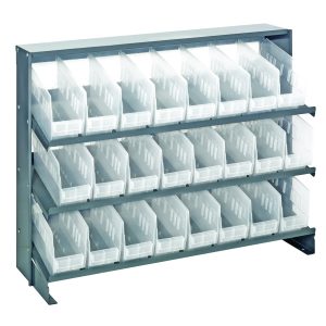 The Quantum Pick Rack is a bench-style, sloped shelving unit measuring 12-1/2L x 36W x 26-1/2H. It features three shelves with a capacity of 250 lbs., includes 24 QSB201 clear bins, and is perfect for organizing small parts or tools.